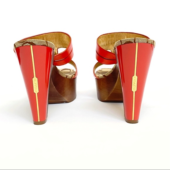Coach Jonah open toe orange leather straps brown wood platform chunky cone heels - Picture 5 of 12